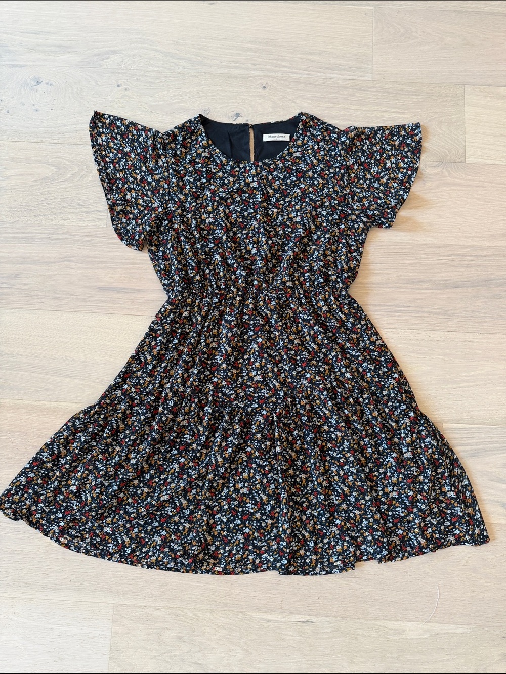 Manydress Floral Chiffon Knee Length Dress with Sleeves Size Large 12-14